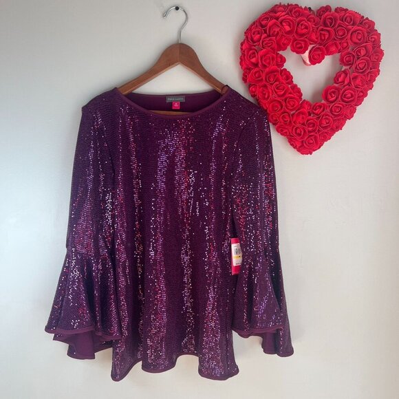 Vince Camuto Tops - Vince Camuto Metallic Knit Flutter Bell Sleeve Top MEDIUM Arresting Plum